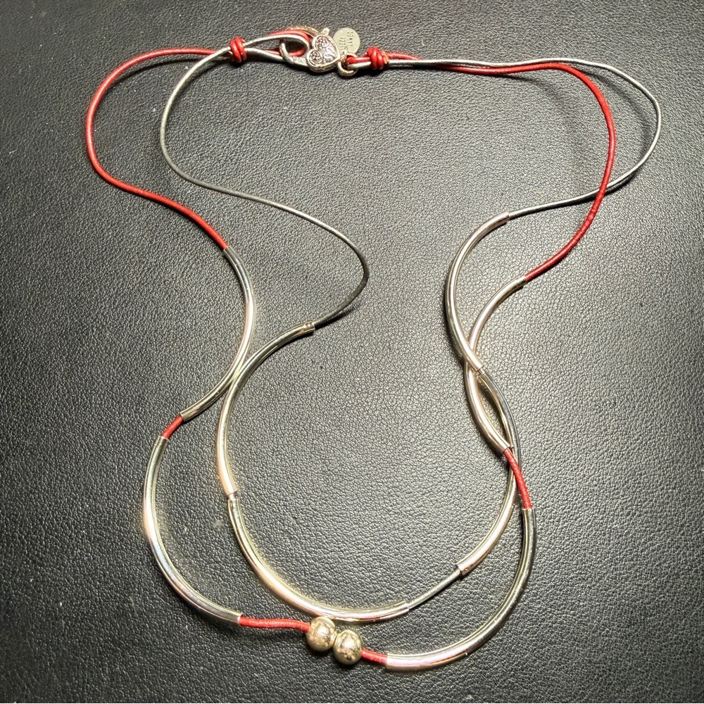 Lizzy James Red & Gray Leather Wrap Necklace Bracelet Silver Accents Convertible